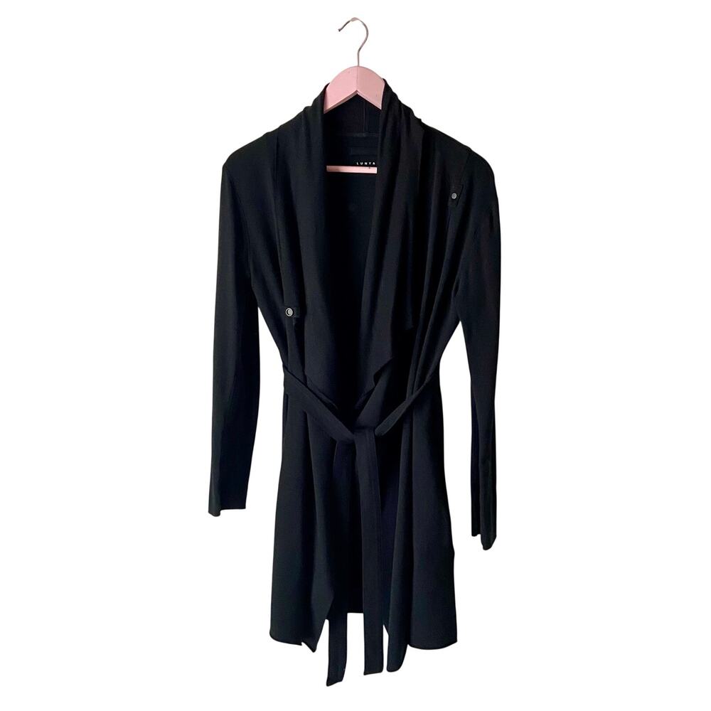 Lunya Organic Pima Cotton Modal Belted Draped Cardigan Robe Black